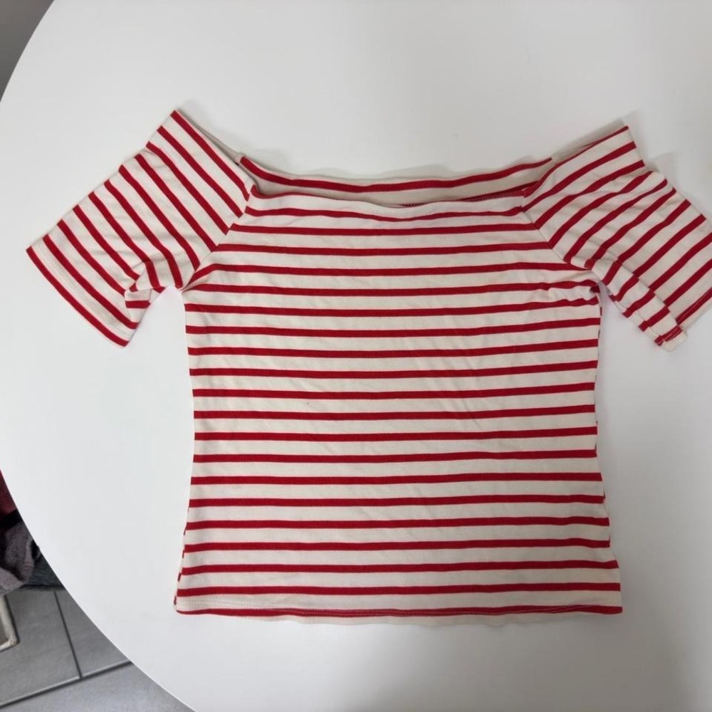 Red and white striped off the shoulder